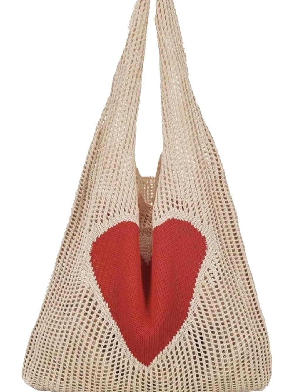 Beige Crochet Tote Bag with Red Heart Accent - Women Bags